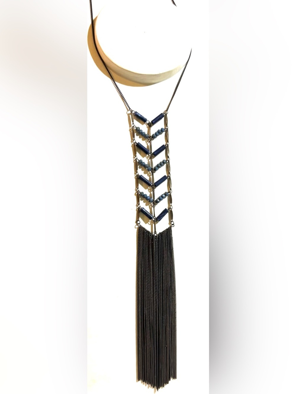 Vintage Blue & Black Chevron Tassel Necklace